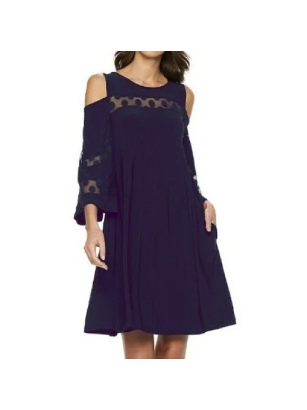 Nina Leonard Navy Jewel Neck Cold Shoulder Three-Quarter Sleeve Dress